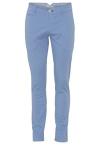 Jasnoniebieskie, slim-fit spodnie wykonane z gładkiego materiału; posiadają zapięcie na guzik oraz boczne kieszenie, z wzorzystym wewnętrznym pasem.