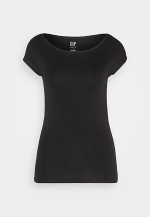 Sort kortærmet tætsiddende T-shirt med bred scoop-halsudskæring. Lavet af blødt bomuldsstof, med et mærkat på ryggen med brandnavnet.