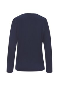 Navy blue long-sleeve shirt made of soft cotton. Features a round neckline and a curved hem at the bottom. Simple, solid color design.