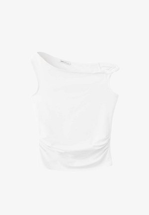 Top blanc sans manches asymétrique avec une bretelle épaule et un léger froncé à la taille, posé à plat sur un fond blanc.