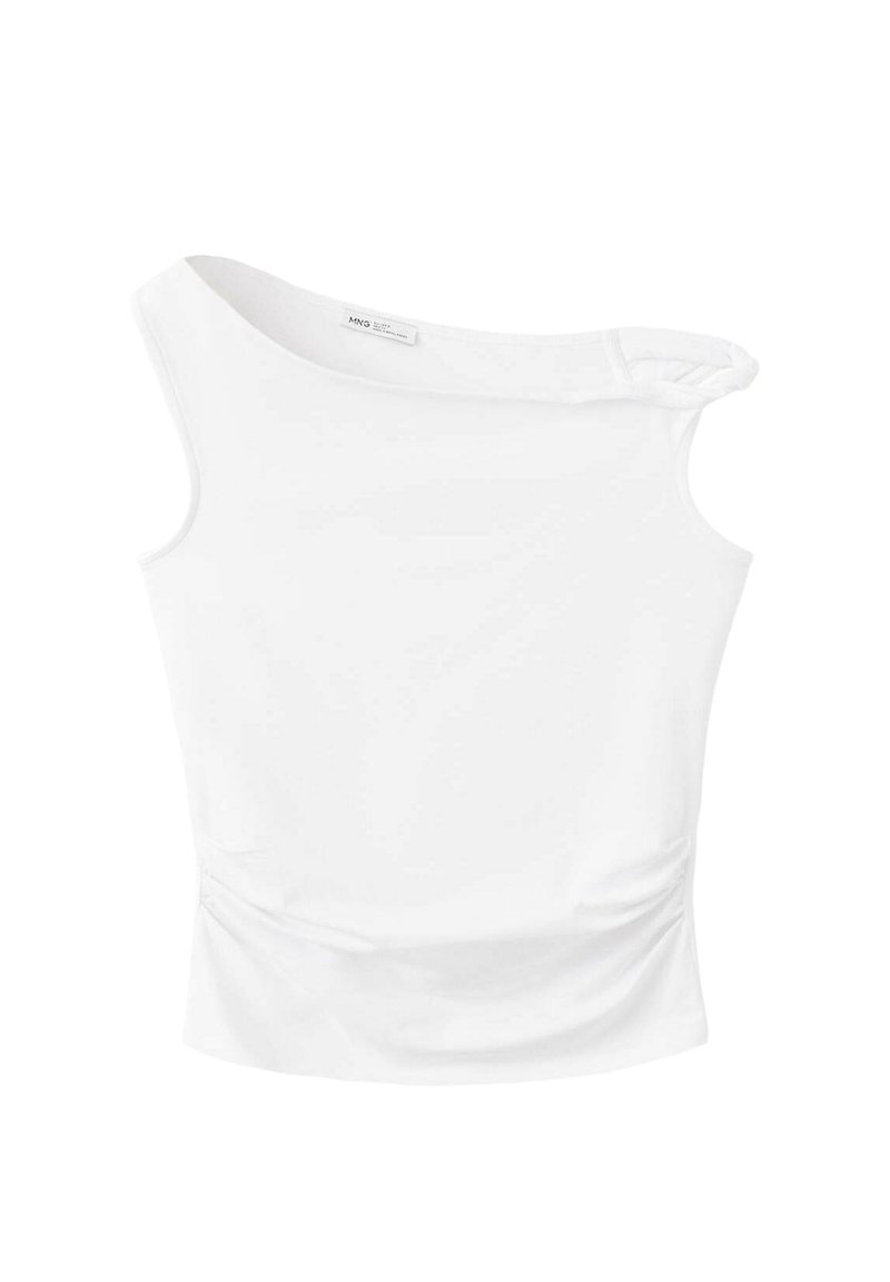 Top blanc sans manches asymétrique avec une bretelle épaule et un léger froncé à la taille, posé à plat sur un fond blanc.