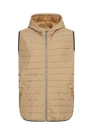 Beige pehmeä liivi hupulla, ribattu pinta, vetoketjukiinnitys ja kaksi sivutaskua; korostaa mustia yksityiskohtia reunoilla.