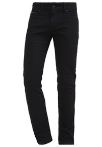 Black slim-fit jeans made of cotton blend fabric, featuring a five-pocket design, button closure, and subtle stitching details.