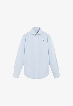 Camicetta a maniche lunghe a righe blu chiaro con colletto button-down, caratterizzata da un piccolo logo ricamato sul petto. Tessuto morbido.