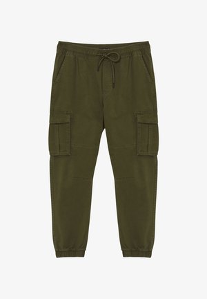 Olivgrüne Cargo-Hosen aus Baumwolle, mit einem elastischen Bund, Kordelzug und zwei seitlichen Cargo-Taschen mit elastischen Bündchen.