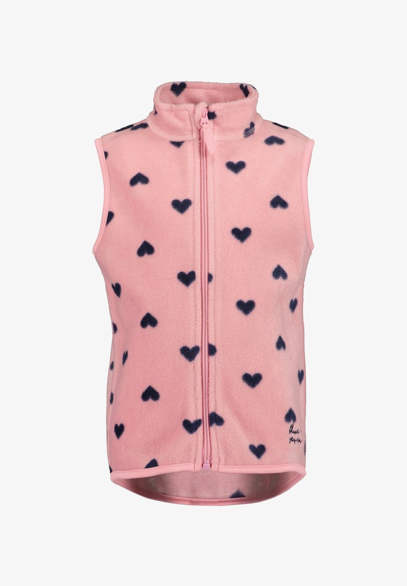 Vaate vaaleanpunaisesta fleece-materiaalista, jossa on korkea kaulus, vetoketjusuljenta ja tummansiniset sydänkuviot. Varustettu pyöreällä helmalla ja brändin logolla alakulmassa.