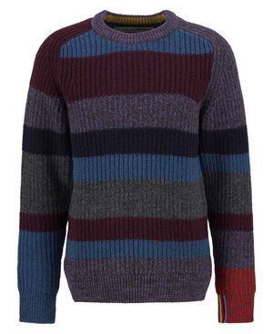 Chunky gebreide trui met brede horizontale strepen in bordeauxrood, grijs, blauw en paars; ribgebreide manchetten en kraag met gele en rode accenten.