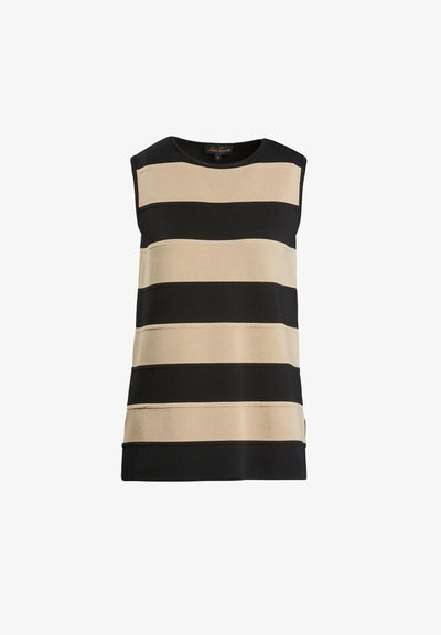 Majica brez rokavov z vodoravnimi bež in črnimi črtami, izdelana iz mehkega blaga, z okroglim izrezom in sproščenim krojem.