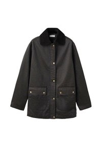 Črna voščena bombažna jakna s korduroy ovratnikom, zapiranjem na sponke in dvema sprednjima žepoma z zlatimi dodatki.