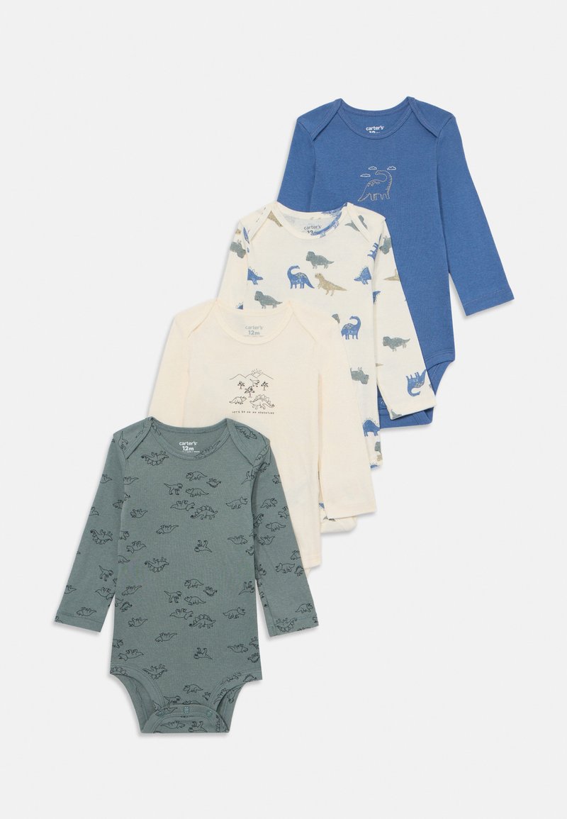 Négy hosszú ujjú bodysuit kék, krém és zöld színben; dinoszaurusz mintákkal és motívumokkal; puha pamut anyag; kerek nyakú kialakítás.