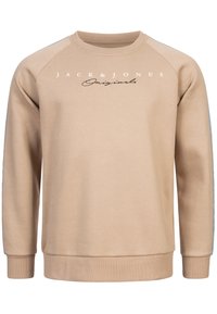 Beige sweatshirt med ribbade muddar och halsringning. Har vit tryck "JACK & JONES Originals" och ljusblå detaljer på ärmarna.