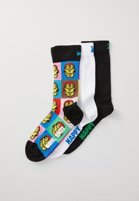 Three pairs of socks: one with Iron Man graphics on a colorful background, one white, and one black with "HAPPY" in green text.
