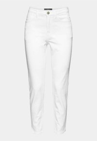 Jean blanc taille haute slim avec bouton sur le devant et poches, présenté sur un fond clair uni.