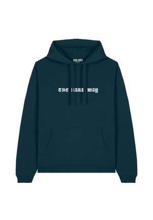 Dark teal hoodie made of cotton blend, featuring a front pocket and drawstrings. Text "THE JARL WAY" in white on the chest.