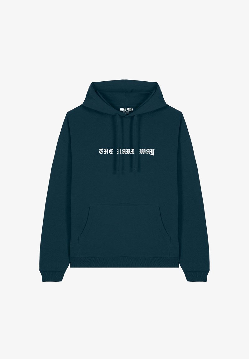 Hoodie bleu foncé en mélange de coton, avec une poche avant et des cordons de serrage. Texte "THE JARL WAY" en blanc sur la poitrine.