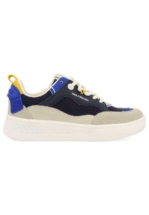 Zapatillas navy y beige con material de malla y ante. Presentan una suela blanca, acentos amarillos y azules, y una etiqueta con el texto "¡QUE TENGAS UN BUEN DÍA!".