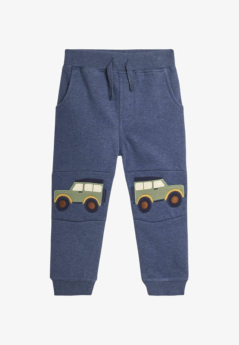 Navyblå sweatpants med två broderade gröna fordon på knäna, med orange hjul och detaljer. Mjukt material med elastisk midja.