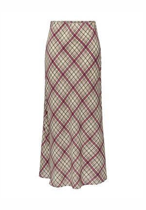 Midi-skjørt i rutemønster med nyanser av beige, burgunder og grønt. Vid silhuett med en subtil glans og jevn tekstur.