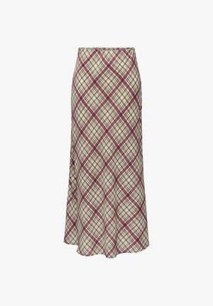 Midi-skjørt i rutemønster med nyanser av beige, burgunder og grønt. Vid silhuett med en subtil glans og jevn tekstur.