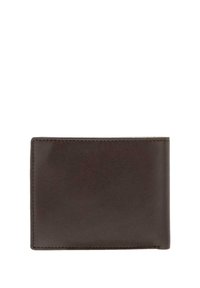 Portefeuille en cuir marron foncé avec une texture lisse, de forme rectangulaire et des coutures subtiles sur les bords. Pas de logos ou d'accents visibles.