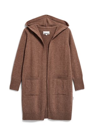 Bruine gebreide cardigan met capuchon, open voorkant en twee voorzakken. Zachte textuur en geribbelde accenten bij de manchetten en zakranden.