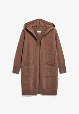 Bruine gebreide cardigan met capuchon, open voorkant en twee voorzakken. Zachte textuur en geribbelde accenten bij de manchetten en zakranden.