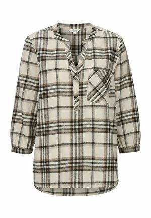Ruudullinen bleiseri beige ja ruskea, jossa on V-pääntie, kolme-neljäsosa puffihihat ja rintatasku ruudullisella kuviolla. Pehmeä kangas.