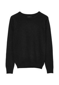 Maglione nero con scollatura rotonda, maniche lunghe e una texture morbida caratterizzata da una leggera lucentezza. Polsini e orlo a coste.