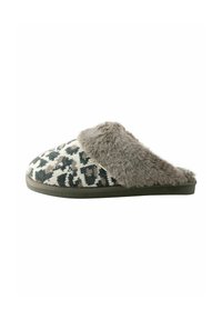 Leopard print slipper with gray faux fur band, soft fabric upper, flat rubber sole, and rounded toe design.