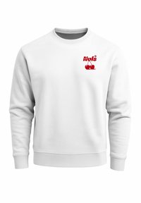 White sweatshirt made of soft material. Features a red embroidered logo with cherries on the left chest. Classic crewneck design.