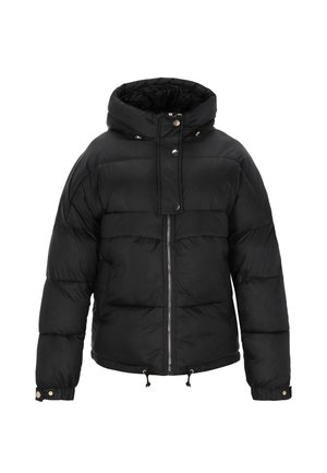 Czarna puchowa kurtka z wysokim kołnierzem i zamkiem błyskawicznym z przodu. Charakteryzuje się teksturowanym, pikowanym wzorem oraz regulowanym sznurkiem u dołu dla dopasowania.