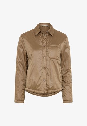 Veste matelassée brillante couleur brun clair avec fermeture à boutons, col, manches longues, poche poitrine et ourlet légèrement incurvé.