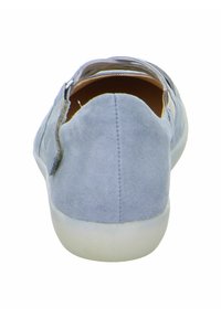 Light blue suede shoe with a rounded back, minimalistic design, white rubber sole, and heel tab for easy wear.