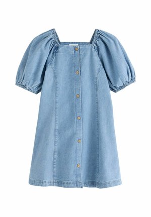 Lyseblå denimkjole med korte pufærmer, firkantet halsudskæring, knaplukning foran og let udvidet silhuet.