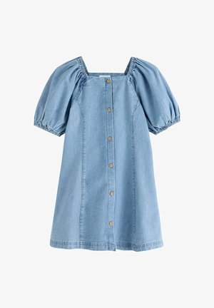 Lyseblå denimkjole med korte pufærmer, firkantet halsudskæring, knaplukning foran og let udvidet silhuet.