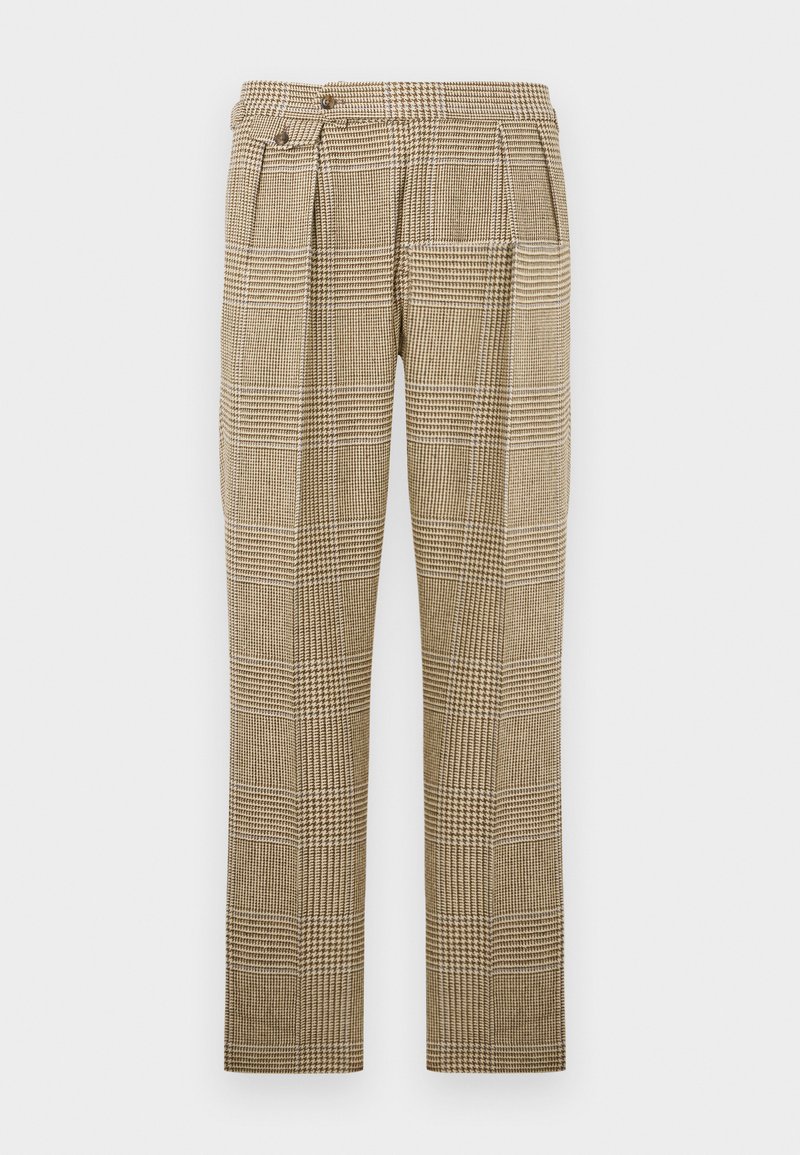 Beige plaid trousers made from textured fabric, featuring two side pockets, pleats, and a straight-leg design with contrasting check patterns.
