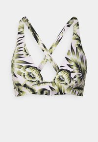 Bralette floral com base rosa, folhas de palmeira verdes e pretas, decote em V, alças cruzadas e fecho nas costas seguro.