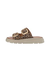 Leopard print slide sandals with two adjustable buckles, brown faux leather straps, and a beige rubber sole with a textured grip.