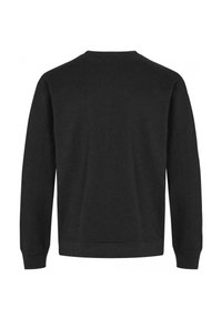 Black sweatshirt with long sleeves, crew neck, and ribbed cuffs and hem. Smooth texture, minimalist design, and no visible embellishments.