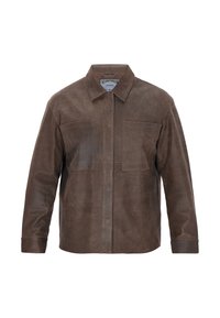 Veste chemise en cuir marron avec fermeture à boutons, deux poches avant, un col classique et une texture lisse. Conçue avec une coupe décontractée.