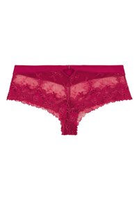 Culotte en dentelle magenta avec motif floral et maille transparente. Caractéristiques d'une taille lisse et d'un petit détail en forme de trou de serrure à l'arrière.