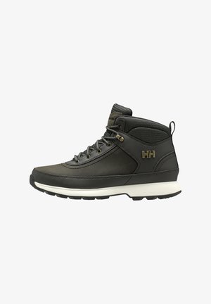 Dark gray high-top hiking boots with synthetic leather and textile materials. Features a white outsole and metal eyelets, with a brand logo on the side.