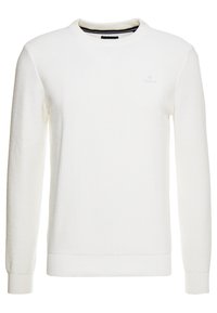 Biała dzianinowa bluza z teksturowanym wzorem, okrągłym dekoltem oraz ściągaczami na mankietach i dole. Na piersi subtelne logo.