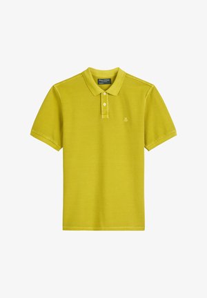 Geel polo-shirt van katoen, met een klassieke kraag, korte mouwen en een tonale logo op de borst. Glad, gelijkmatig textuur.