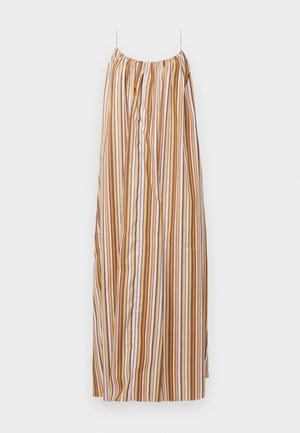 Prúžkovaná bezrukávová šaty s vertikálnymi prúžkami v odtieňoch žltej, hnedej a bielej farby, s elastickým horným pásom pre pohodlné nosenie.