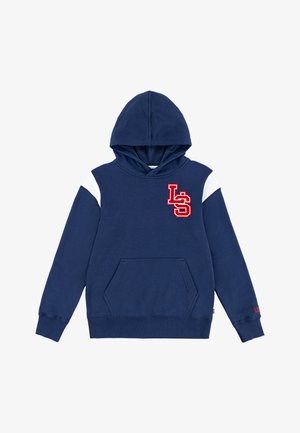 Sudadera con capucha azul marino de algodón, con un bolsillo frontal, acentos en los hombros en blanco y un logotipo bordado en rojo.