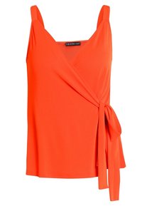 Haut sans manches orange vif à enrouler avec un nœud sur le côté et un décolleté en V, fabriqué en tissu lisse.