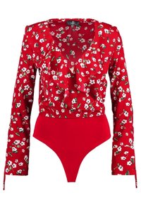 Bodysuit rojo floral con mangas largas, cuello con volantes y parte inferior ajustada. Presenta flores blancas y hojas verdes en la tela.