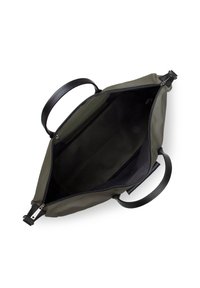 Borsa a mano verde oliva con esterno morbido, manici in pelle nera e un ampio interno. Presenta una chiusura con zip e poche tasche interne minime.