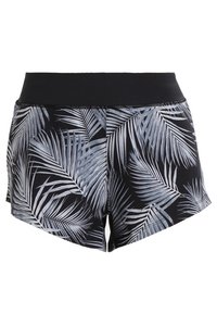 Pantalones cortos negros con una cintura ancha, que presentan un estampado de hojas de palma blancas y una textura de tela suave. El dobladillo cae a mitad del muslo.